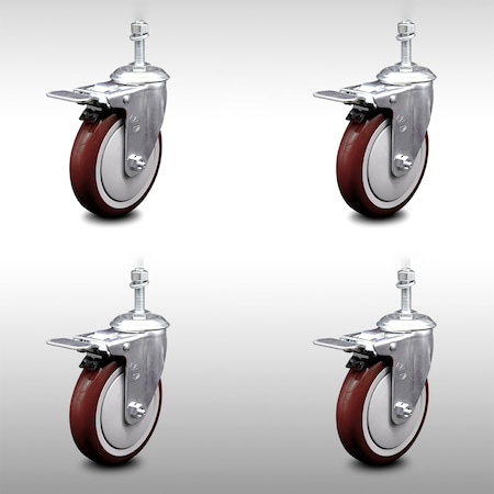 Service Caster 5 Inch SS Maroon Polyurethane 3/8 Inch Threaded Stem Caster Set Total Lock Brake SCC-SSTSTTL20S514-PPUB-MRN-381615-4